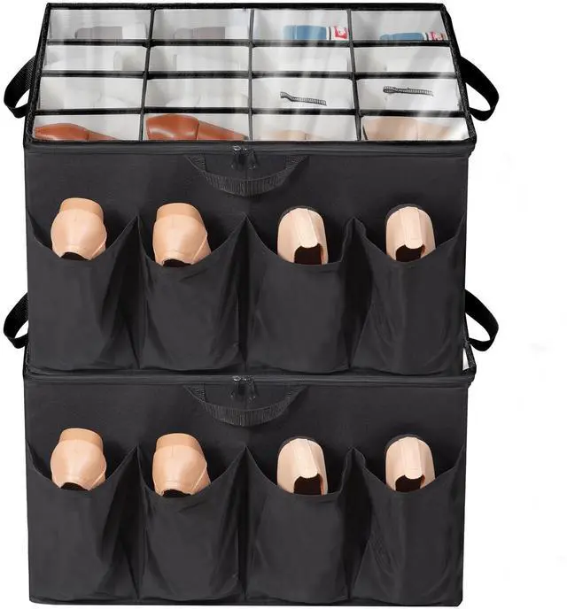 Main image of Shoe Organizer for Closet, Shoe Storage Solution with Clear Cover & Adjustable Dividers, Fabric Shoe Box Fits 16 +8 Pairs Shoes, Black, 2-Pack