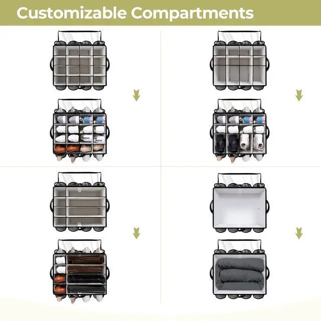 Alt view image 5 of 7 - Shoe Organizer for Closet, Shoe Storage Solution with Clear Cover & Adjustable Dividers, Fabric Shoe Box Fits 16 +8 Pairs Shoes, Black, 2-Pack