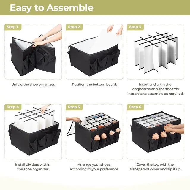 Alt view image 6 of 7 - Shoe Organizer for Closet, Shoe Storage Solution with Clear Cover & Adjustable Dividers, Fabric Shoe Box Fits 16 +8 Pairs Shoes, Black, 2-Pack