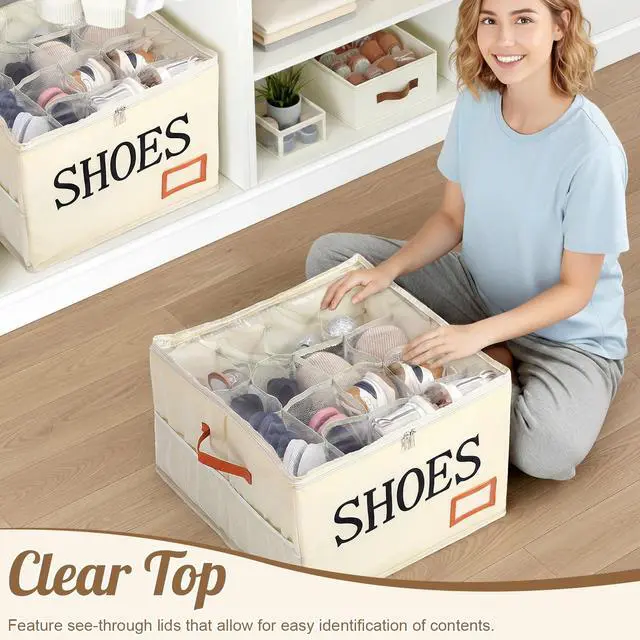 Alt view image 2 of 6 - Shoe Organizer for Closet Fits 16 Pairs Fabric Large Foldable Shoe Storage Box with Handles and Clear Cover Mesh Bags Printed SHOES Text for Closet Organizer Sneakers Heels Slippers