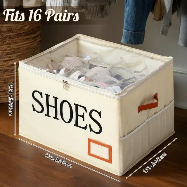 Alt view image 3 of 6 - Shoe Organizer for Closet Fits 16 Pairs Fabric Large Foldable Shoe Storage Box with Handles and Clear Cover Mesh Bags Printed SHOES Text for Closet Organizer Sneakers Heels Slippers