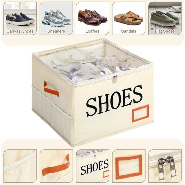 Alt view image 4 of 6 - Shoe Organizer for Closet Fits 16 Pairs Fabric Large Foldable Shoe Storage Box with Handles and Clear Cover Mesh Bags Printed SHOES Text for Closet Organizer Sneakers Heels Slippers