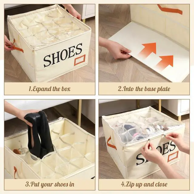 Alt view image 5 of 6 - Shoe Organizer for Closet Fits 16 Pairs Fabric Large Foldable Shoe Storage Box with Handles and Clear Cover Mesh Bags Printed SHOES Text for Closet Organizer Sneakers Heels Slippers
