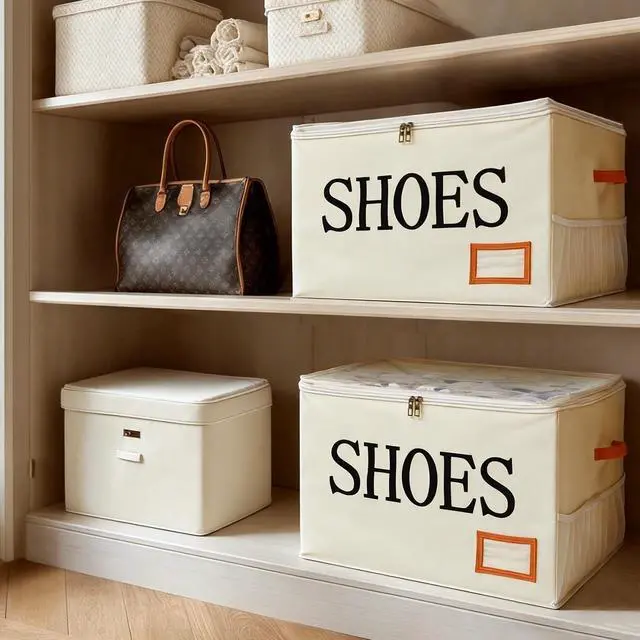 Alt view image 6 of 6 - Shoe Organizer for Closet Fits 16 Pairs Fabric Large Foldable Shoe Storage Box with Handles and Clear Cover Mesh Bags Printed SHOES Text for Closet Organizer Sneakers Heels Slippers