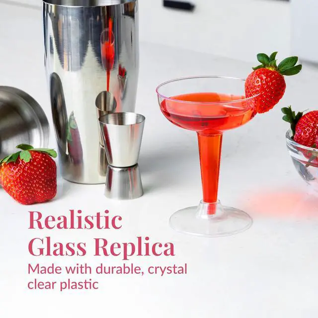 Alt view image 4 of 6 - 24 Clear Plastic Coupe Glasses 4oz - Disposable Plastic Cocktail Cups, Martini Glasses, Margarita Glass, Champagne Glass for Parties, Cinco de Mayo, Taco Party, Weddings Decorations