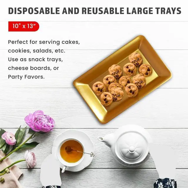 Alt view image 3 of 6 - Plastic Serving Tray Set, Hard Plastic Serving Platters for Serving Food, Gold Serving Trays for Parties, Weddings, Food Trays for Party Buffet, Dessert Tables, 10" x 14", 6 Pack
