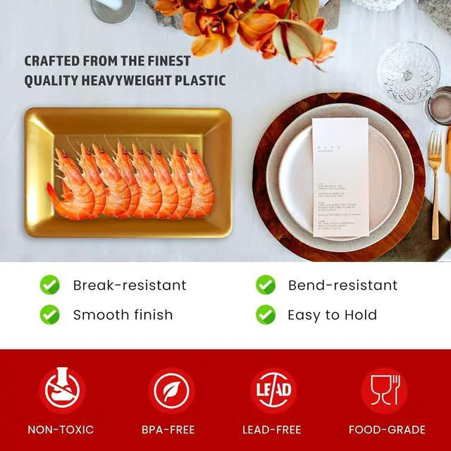 Alt view image 5 of 6 - Plastic Serving Tray Set, Hard Plastic Serving Platters for Serving Food, Gold Serving Trays for Parties, Weddings, Food Trays for Party Buffet, Dessert Tables, 10" x 14", 6 Pack