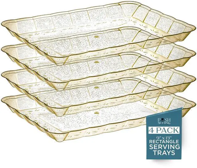 Main image of Glitter Gold Serving Trays for Party, 9x13 Plastic Platters & Food Trays