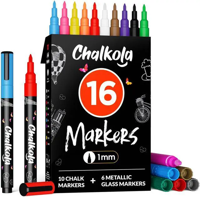 Main image of Extra Fine Tip Chalk Markers for Blackboard & Glass (Pack of 16, 1mm Point) | Window Marker, Liquid Chalk Pens for Acrylic Dry Erase Board, Mirror, Car | Thin Chalkboard Markers Erasable