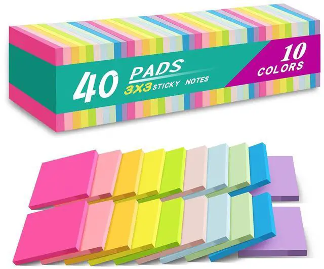 Main image of (40 Pads) Sticky Notes 3x3 in,Bright Colors Notepads,Colorful Stickies,Super Sticking Power,Memo Note Pads,Post on Windows Doors,Office,School,Strong Adhesive,Recyclable,Easy to Write on,Hold Well