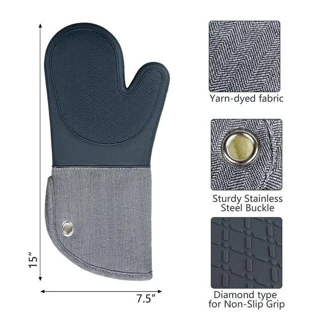 Alt view image 2 of 7 - Professional Microwave Silicone Oven Mitts one Pair, Kitchen Mitten Set for Heat Resistant with 500 Degrees, Kitchen Gloves Pot Holder for BBQ Cooking Baking (Gray)