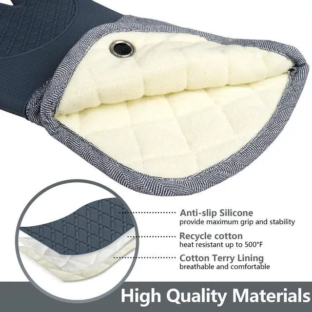 Alt view image 3 of 7 - Professional Microwave Silicone Oven Mitts one Pair, Kitchen Mitten Set for Heat Resistant with 500 Degrees, Kitchen Gloves Pot Holder for BBQ Cooking Baking (Gray)