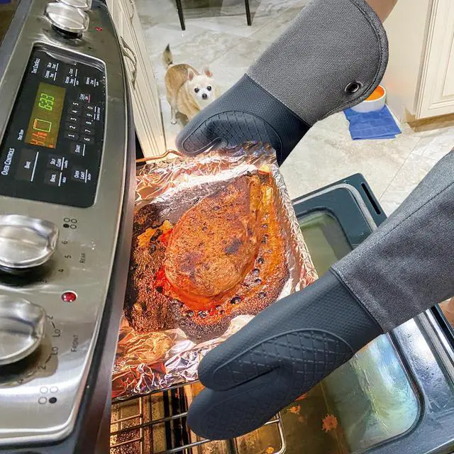 Alt view image 4 of 7 - Professional Microwave Silicone Oven Mitts one Pair, Kitchen Mitten Set for Heat Resistant with 500 Degrees, Kitchen Gloves Pot Holder for BBQ Cooking Baking (Gray)