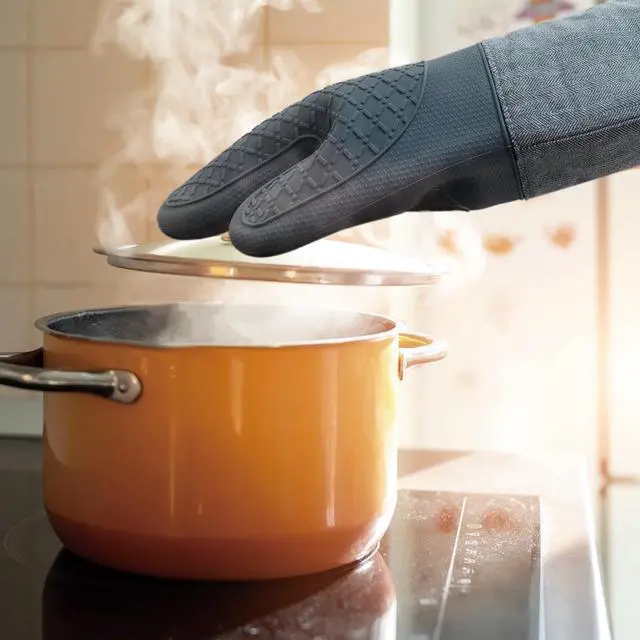 Alt view image 5 of 7 - Professional Microwave Silicone Oven Mitts one Pair, Kitchen Mitten Set for Heat Resistant with 500 Degrees, Kitchen Gloves Pot Holder for BBQ Cooking Baking (Gray)