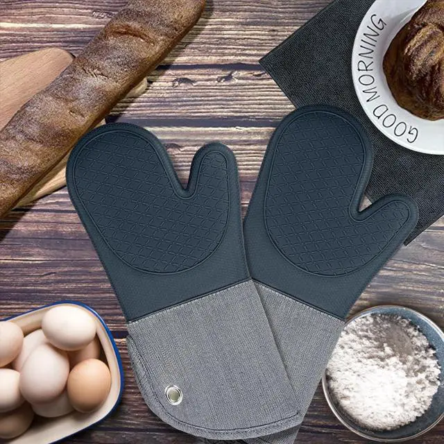 Alt view image 6 of 7 - Professional Microwave Silicone Oven Mitts one Pair, Kitchen Mitten Set for Heat Resistant with 500 Degrees, Kitchen Gloves Pot Holder for BBQ Cooking Baking (Gray)