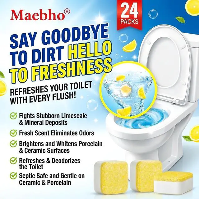 Alt view image 2 of 7 - Toilet Bowl Cleaner Tablets Lots of Foam Deodorizer & Septic Safe, Odor Eliminator, Stain Remover for Long-Lasting Freshness,No Harsh Chemicals, Fresh Lemon Scent 24 Pack