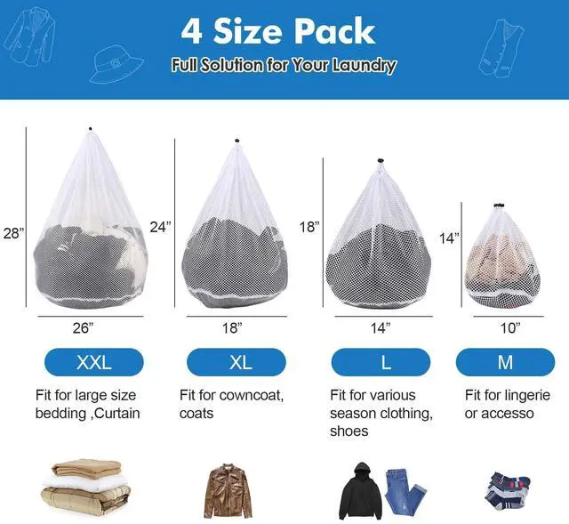 Alt view image 7 of 7 - 4Pcs Mesh Laundry Bags Washing Machine Mesh Wash Bags for Clothes,Underwear,Lingerie, Bed Linen with Drawstring Closure Sturdy(4 Size)