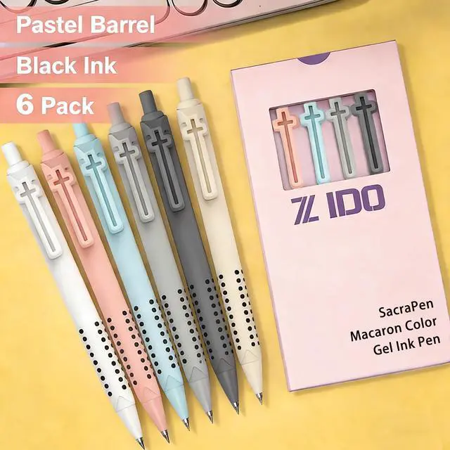 Alt view image 2 of 7 - 6 Pack Bible Journaling Gel Pens, 0.7mm Black Ink Retractable with Cross Clip,Smooth Writing, Christian Gifts for Men Women, Religious School & Office Supplies(Morandi)