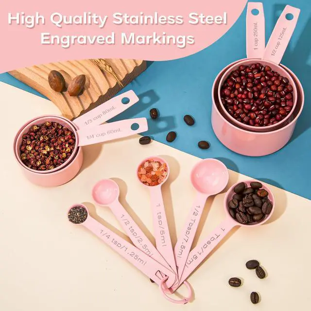 Alt view image 2 of 7 - Measuring Cups and Spoons Set of 9, Stainless Steel Measuring cup for Cooking and Baking, Measuring spoons for Dry and Liquid Ingredients (Pink)
