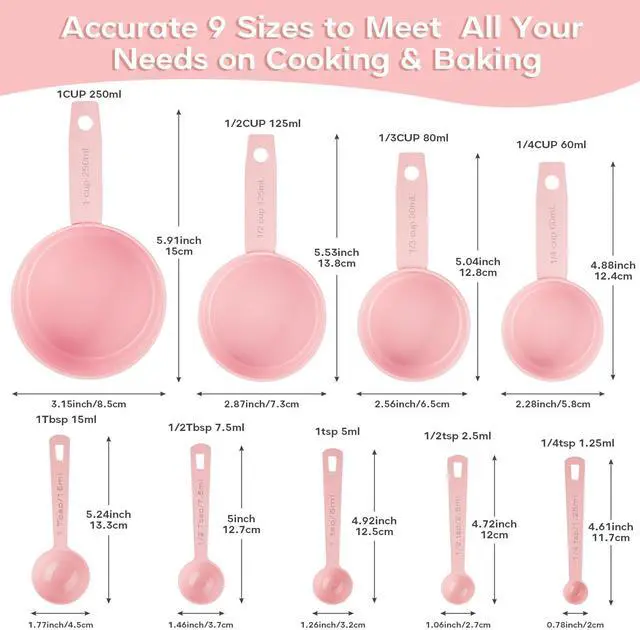 Alt view image 7 of 7 - Measuring Cups and Spoons Set of 9, Stainless Steel Measuring cup for Cooking and Baking, Measuring spoons for Dry and Liquid Ingredients (Pink)
