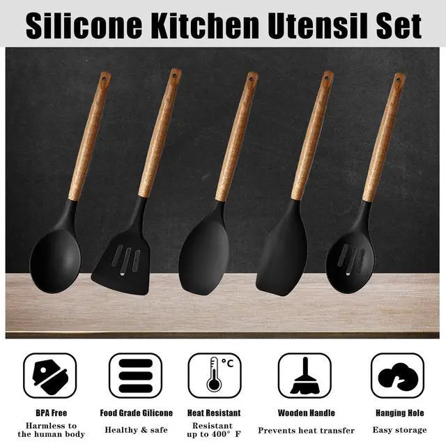 Alt view image 2 of 7 - Kitchen Utensils Set, Silicone Cooking Utensils Set,Non-Stick Silicone Spatula Set with Natural Acacia Hard Wood Handle, 5 Piece, Upgraded Thickened Cookware
