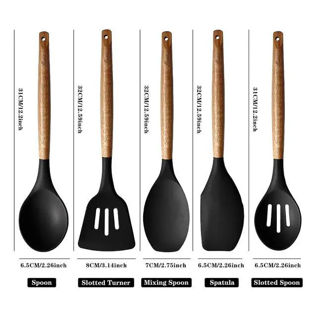 Alt view image 4 of 7 - Kitchen Utensils Set, Silicone Cooking Utensils Set,Non-Stick Silicone Spatula Set with Natural Acacia Hard Wood Handle, 5 Piece, Upgraded Thickened Cookware