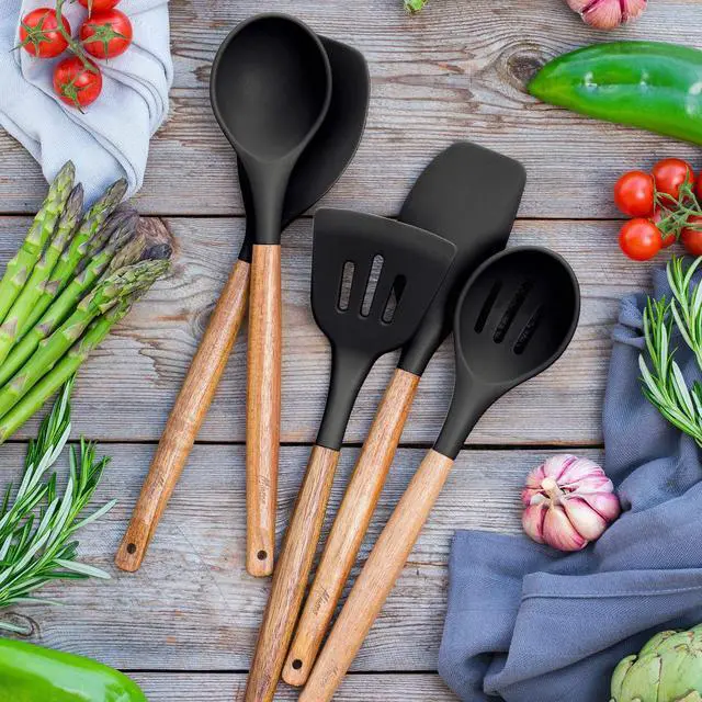 Alt view image 7 of 7 - Kitchen Utensils Set, Silicone Cooking Utensils Set,Non-Stick Silicone Spatula Set with Natural Acacia Hard Wood Handle, 5 Piece, Upgraded Thickened Cookware