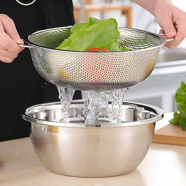 Alt view image 6 of 7 - Stainless Steel Colander, 5QT Micro-Perforated Metal Colander Food Strainer with Handles, for Draining Washing Rinsing Steaming, Non Toxic & Dishwasher Safe, Solid Construction & 3 Stable Feet
