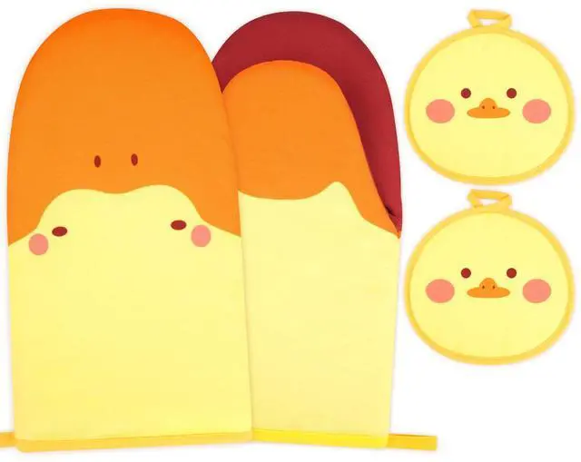 Main image of Oven Mitts, Cute Kitchen Oven Mitts and Pot Holders Sets, Heat Resistant Funny Duck Glove Potholder and Hot Pads Soft Lining, Cute Yellow Kitchen Baking Grilling Cooking Housewarming