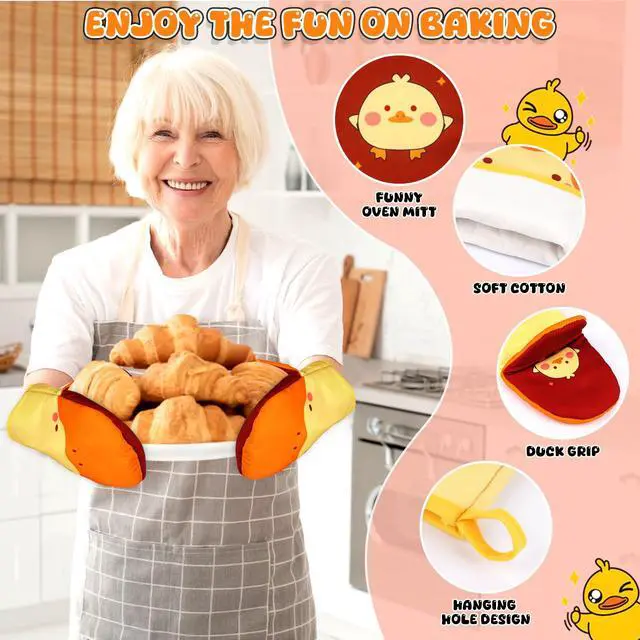 Alt view image 3 of 7 - Oven Mitts, Cute Kitchen Oven Mitts and Pot Holders Sets, Heat Resistant Funny Duck Glove Potholder and Hot Pads Soft Lining, Cute Yellow Kitchen Baking Grilling Cooking Housewarming