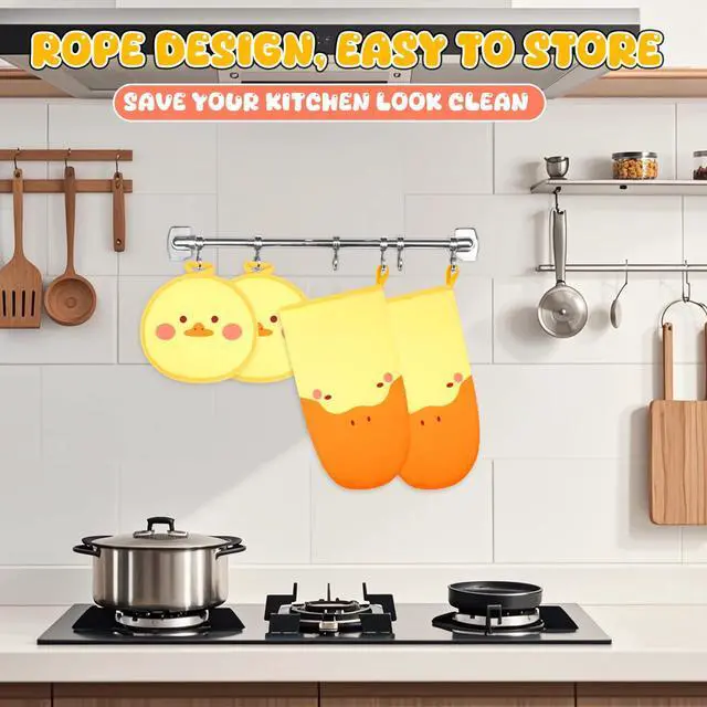 Alt view image 5 of 7 - Oven Mitts, Cute Kitchen Oven Mitts and Pot Holders Sets, Heat Resistant Funny Duck Glove Potholder and Hot Pads Soft Lining, Cute Yellow Kitchen Baking Grilling Cooking Housewarming
