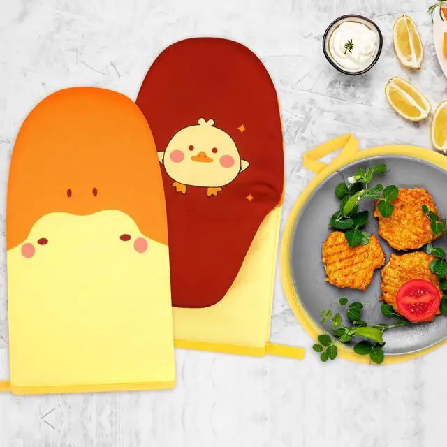 Alt view image 6 of 7 - Oven Mitts, Cute Kitchen Oven Mitts and Pot Holders Sets, Heat Resistant Funny Duck Glove Potholder and Hot Pads Soft Lining, Cute Yellow Kitchen Baking Grilling Cooking Housewarming
