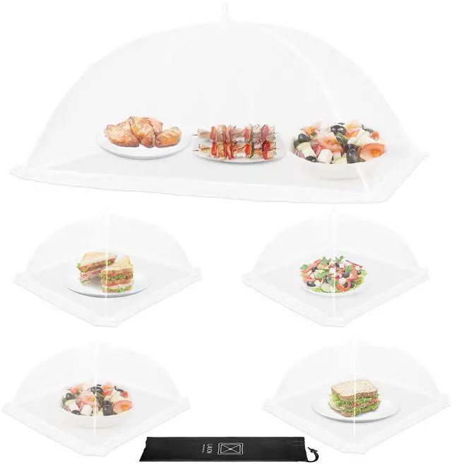 Main image of Food Covers, 1 Extra Large (40"X23.7") & 4 (17"X17"), 5 Pack White Mesh Plate Serving Tents, Pop-Up Umbrella Screen Tents, Jumbo Food Net for Outdoor Picnics Parties BBQ, Collapsible Reusable