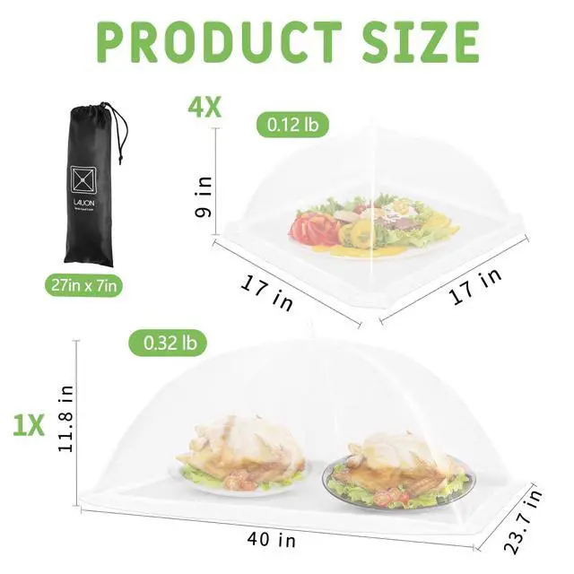 Alt view image 2 of 7 - Food Covers, 1 Extra Large (40"X23.7") & 4 (17"X17"), 5 Pack White Mesh Plate Serving Tents, Pop-Up Umbrella Screen Tents, Jumbo Food Net for Outdoor Picnics Parties BBQ, Collapsible Reusable