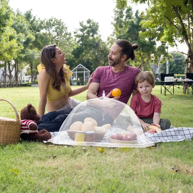 Alt view image 6 of 7 - Food Covers, 1 Extra Large (40"X23.7") & 4 (17"X17"), 5 Pack White Mesh Plate Serving Tents, Pop-Up Umbrella Screen Tents, Jumbo Food Net for Outdoor Picnics Parties BBQ, Collapsible Reusable