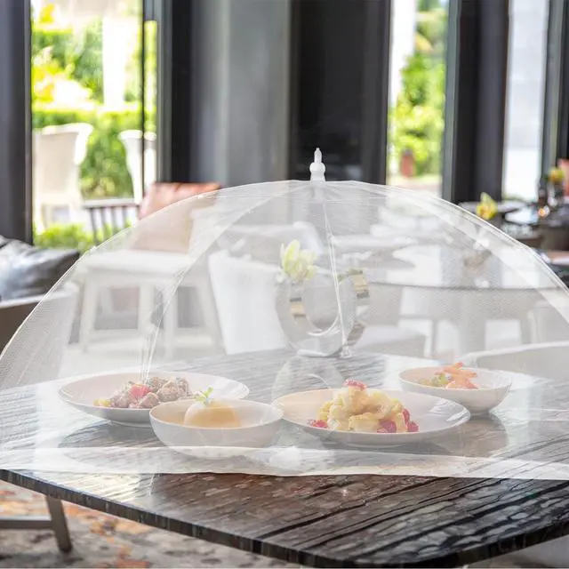 Alt view image 7 of 7 - Food Covers, 1 Extra Large (40"X23.7") & 4 (17"X17"), 5 Pack White Mesh Plate Serving Tents, Pop-Up Umbrella Screen Tents, Jumbo Food Net for Outdoor Picnics Parties BBQ, Collapsible Reusable