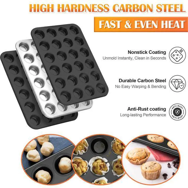 Alt view image 3 of 7 - 2 Pack Mini Muffin Pan - Nonstick 24-Cup Carbon Steel Cupcake Tin Tray for Little Bites & Freezer Prep | Warp-Free Bakeware Ensures Even Baking & Effortless Release, Regular Size & Oven Safe