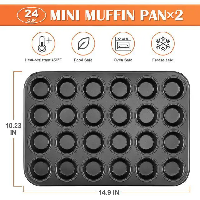 Alt view image 2 of 7 - 2 Pack Mini Muffin Pan - Nonstick 24-Cup Carbon Steel Cupcake Tin Tray for Little Bites & Freezer Prep | Warp-Free Bakeware Ensures Even Baking & Effortless Release, Regular Size & Oven Safe