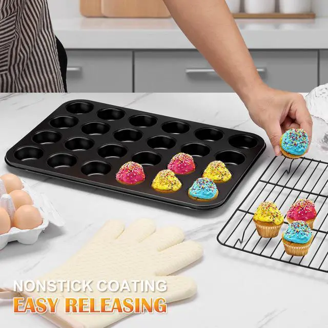 Alt view image 7 of 7 - 2 Pack Mini Muffin Pan - Nonstick 24-Cup Carbon Steel Cupcake Tin Tray for Little Bites & Freezer Prep | Warp-Free Bakeware Ensures Even Baking & Effortless Release, Regular Size & Oven Safe