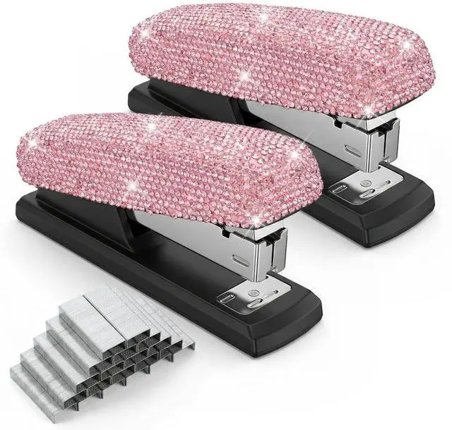 Main image of 2 Pack Bling Crystal Stapler Sparkly Diamond Stapler for Desk, Handmade Rhinestone Glitter Office Staplers with 2000 Staples, Dazzling Pink Desktop Accessory