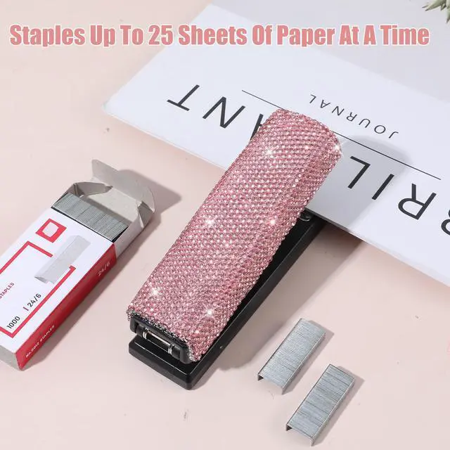 Alt view image 6 of 7 - 2 Pack Bling Crystal Stapler Sparkly Diamond Stapler for Desk, Handmade Rhinestone Glitter Office Staplers with 2000 Staples, Dazzling Pink Desktop Accessory