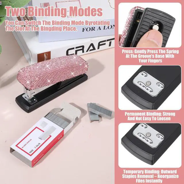 Alt view image 3 of 7 - 2 Pack Bling Crystal Stapler Sparkly Diamond Stapler for Desk, Handmade Rhinestone Glitter Office Staplers with 2000 Staples, Dazzling Pink Desktop Accessory