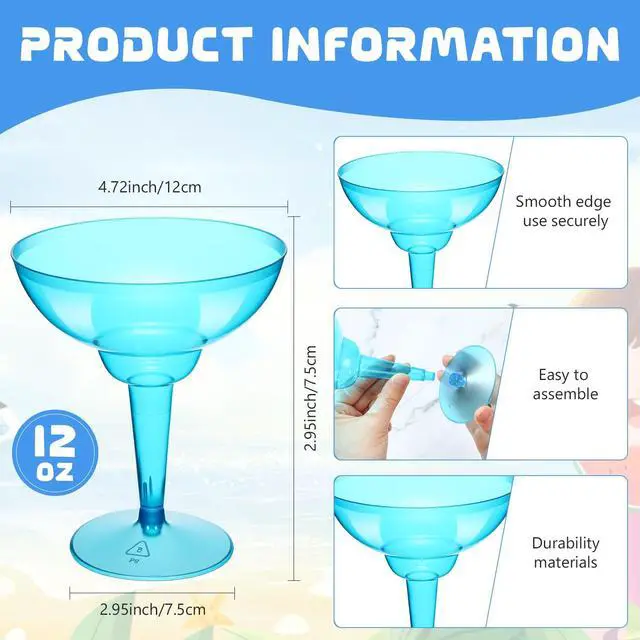 Alt view image 2 of 7 - 12 Pcs Plastic Margarita Glasses 12 oz Margarita Cups Mexican Theme Party Decorations Martini Glasses Bulk Cocktail Glass for Wedding Mexican Theme Carnivals (Blue)