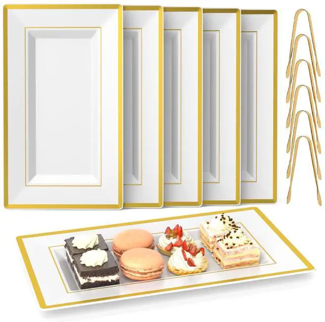 Main image of 6 Sets Plastic Serving Trays with Serving Tongs, White & Gold Rim Disposable Plastic Serving Platters for Food Fruit Dessert Tea Party Wedding