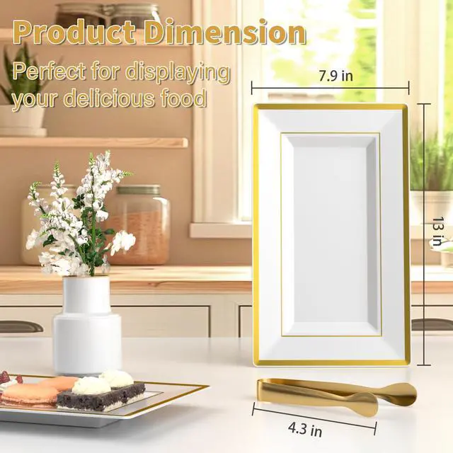 Alt view image 2 of 7 - 6 Sets Plastic Serving Trays with Serving Tongs, White & Gold Rim Disposable Plastic Serving Platters for Food Fruit Dessert Tea Party Wedding
