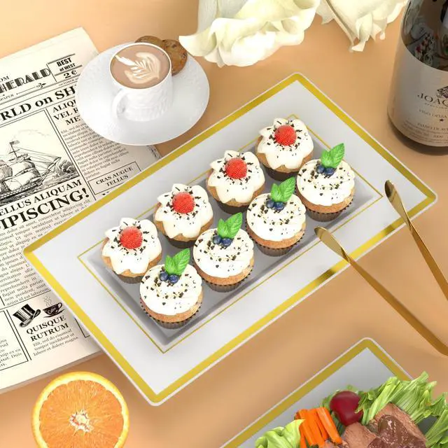 Alt view image 4 of 7 - 6 Sets Plastic Serving Trays with Serving Tongs, White & Gold Rim Disposable Plastic Serving Platters for Food Fruit Dessert Tea Party Wedding