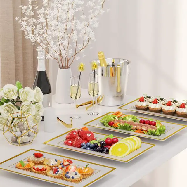 Alt view image 5 of 7 - 6 Sets Plastic Serving Trays with Serving Tongs, White & Gold Rim Disposable Plastic Serving Platters for Food Fruit Dessert Tea Party Wedding