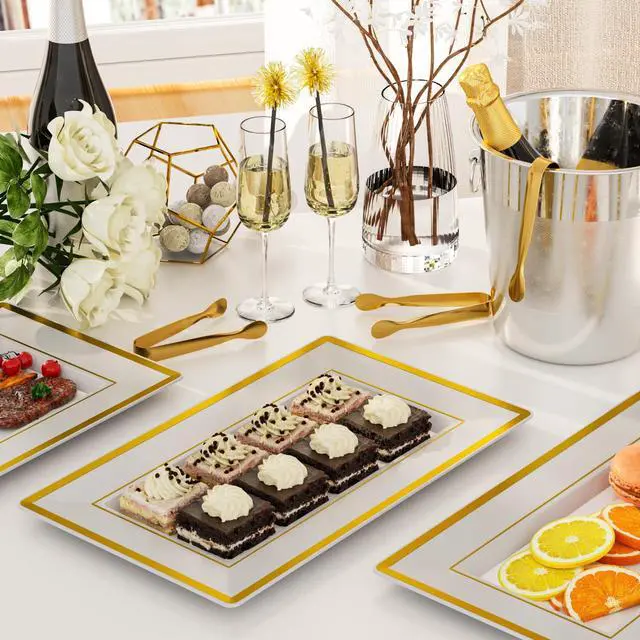 Alt view image 3 of 7 - 6 Sets Plastic Serving Trays with Serving Tongs, White & Gold Rim Disposable Plastic Serving Platters for Food Fruit Dessert Tea Party Wedding