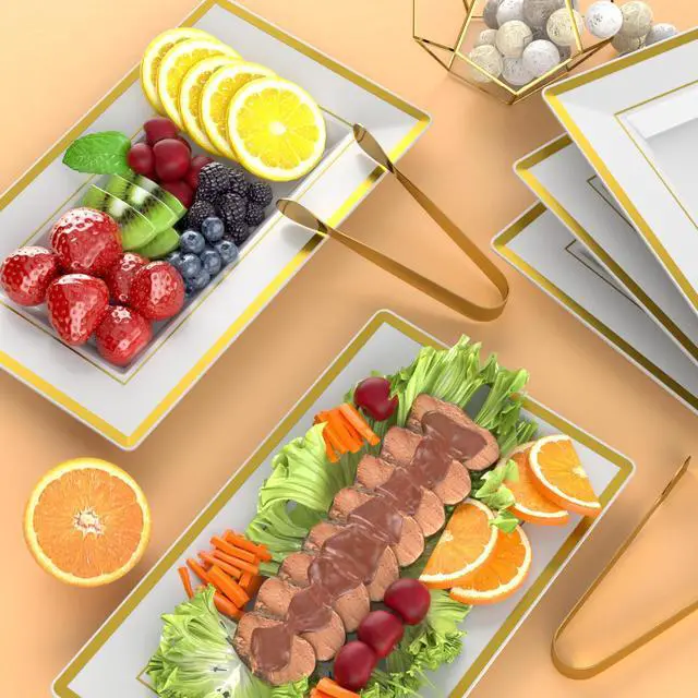 Alt view image 6 of 7 - 6 Sets Plastic Serving Trays with Serving Tongs, White & Gold Rim Disposable Plastic Serving Platters for Food Fruit Dessert Tea Party Wedding