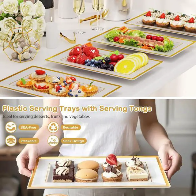 Alt view image 7 of 7 - 6 Sets Plastic Serving Trays with Serving Tongs, White & Gold Rim Disposable Plastic Serving Platters for Food Fruit Dessert Tea Party Wedding